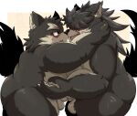  anthro balls belly blush canid canine canis domestic_dog duo erection eye_contact eyebrows genitals hair hair_over_eyes hi_res lifewonders long_hair looking_at_another male male/male mammal moritaka nude overweight penis scar shino_(housamo) thick_eyebrows tokyo_afterschool_summoners video_games yamatoji201 
