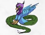  amplitude apode beak bird_feet blue_body couatl draconcopode feathered_snake feathered_wings feathers feral green_eyes gyro_feather gyrotech hi_res lamia legless male pink_body reptile scalie serpentine snake solo split_form wings 