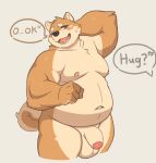  anthro balls blush canid canine canis dialogue domestic_dog flaccid foreskin genitals humanoid_genitalia humanoid_penis male mammal moki navel nude overweight overweight_male penis solo 