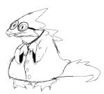  aliasing aliengoat alphys anthro barefoot black_and_white buckteeth claws clothed clothing coat eyewear feet female front_view fully_clothed glasses lab_coat lizard low_res monochrome pigeon_toed reptile scalie solo standing teeth thick_tail three-quarter_view topwear undertale_(series) 