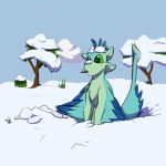  1:1 4_ears absurd_res anthro avali avali_(original) blue_body blue_feathers captainhoers countershading feathered_wings feathers female green_body green_eyes gyrotech hi_res luvashi multi_ear snow solo winged_arms wings 