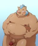  2021 5:6 anthro balls belly blue_background blue_hair blush erection genitals gouryou hair hi_res humanoid_genitalia humanoid_hands humanoid_penis kemono lifewonders male mammal moobs nipples obese obese_male overweight overweight_male penis pomupomu490 simple_background solo suid suina sus_(pig) tokyo_afterschool_summoners video_games wild_boar 