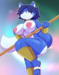  anthro big_breasts bigdon1992 blue_body blue_fur blue_hair breasts canid canine clothing digital_media_(artwork) female fox fur hair hi_res krystal long_hair looking_at_viewer mammal mostly_nude nintendo nipples solo star_fox thick_thighs video_games white_body white_fur 