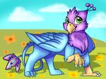  avian beak bird bird_feet blue_body feathered_wings feathers feral galliform green_eyes gryphon gyro_feather hi_res male mythological_avian mythology niwinoodle paws peafowl phasianid pink_body quadruped tail_tuft tuft wings 