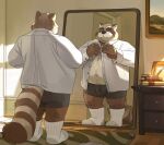  2021 absurd_res anthro belly brown_body brown_fur clothing detailed_background dressing eyewear facial_hair fur glasses hi_res huynhduyad14 inside male mammal marty_raccoon mature_male mirror mustache overweight overweight_male procyonid raccoon shirt solo topwear underwear 