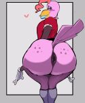  anthro anus avian beak big_butt bird butt clothing clown curled_hair feathers gaping hair hi_res hybrid idel lips looking_down male mrs.mayhem pink_body red_clothing red_hair smile solo thick_bottom_lip vimhomeless wet 