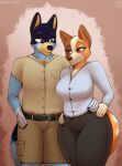  2021 anthro australian_cattle_dog bandit_heeler belt blue_body blue_eyes blue_fur bluey_(series) bottomwear breasts brown_body brown_eyes brown_fur canid canine canis canon_couple cargo_shorts cattledog chest_tuft chilli_heeler clothing digital_media_(artwork) domestic_dog duo eyebrows eyelashes father female fur hand_on_hip herding_dog hi_res husband_and_wife male mammal married_couple mother mother_and_father pants parent pastoral_dog ring shaded shirt shorts stargazer tan_body tan_fur topwear tuft 