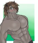  2021 abs anthro blush brown_hair catoblepas_(tas) eyebrows eyewear glasses green_eyes hair hi_res horn lifewonders looking_at_viewer male muscular muscular_anthro muscular_male nipples simple_background solo tokyo_afterschool_summoners undercovernezha video_games 