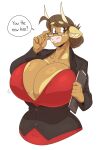  anthro big_breasts bovid bovine breasts brown_body brown_fur brown_hair cleavage clipboard clothed clothing dialogue eyewear fur glasses hair hi_res holding_object horn huge_breasts looking_away mammal molly_(slightlysimian) slightlysimian speech_bubble 