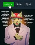  anthro bow_tie clothing demon dialogue english_text furaffinity green_body green_skin grey_suit hi_res horn humanoid leotoefinger male millymay red_eyes solo suit text 