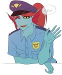  5_fingers animal_humanoid anthro arm_support blue_body blue_skin clothing deltarune dress_shirt female fin fingers fish fish_humanoid hair hi_res humanoid leaning_on_elbow marine marine_humanoid one_eye_closed police police_hat police_uniform red_hair shirt simple_background smile solo topwear torotale undertale_(series) undyne uniform video_games white_background wink yellow_sclera 