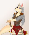  absurd_res accessory anthro canid canine canis clothed clothing female fur hair_accessory hair_ribbon hi_res houkaisp mammal melee_weapon purple_eyes ribbons simple_background solo sword tan_body tan_fur waist_up weapon wolf 