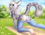  2021 all_fours anthro anthrofied anus bloominglynx bottomwear bra butt charr clothed clothing colored detailed digital_media_(artwork) fangs felid female furmessiah_(character) genitals guild_wars inner_ear_fluff looking_at_viewer looking_back mammal multi_ear pantherine pants pants_down partially_clothed pussy raised_tail rear_view sabertooth_(anatomy) snow_leopard solo sports_bra tuft underwear video_games yoga_mat yoga_pants 