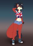  2021 anthro black_hair bottomwear breasts canid canine clothing dipstick_tail female footwear fox hair halcy0n hi_res looking_at_viewer mammal markings red_body shoes shorts simple_background smile solo standing tail_markings union_jack 