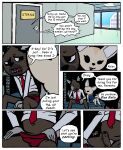  aggressive_retsuko anthro big-fig bottomwear bulge canid canine clothed clothing comic detailed_background dialogue duo english_text female fennec fenneko fox genitals haida hallway hi_res hyaenid male male/female mammal necktie nervous office pants_down partially_clothed penis pubes sanrio sitting skirt speech_bubble teeth text underwear window 