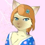  1:1 absurd_res accessory anthro blue_eyes breasts cleavage clothed clothing domestic_cat felid feline felis female flower flower_in_hair hair hair_accessory hair_ribbon headshot_portrait hi_res houkaisp mammal plant ponytail portrait ribbons robe simple_background solo whiskers 