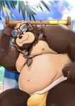 2021 anthro beach belly black_nose bpshdm brown_body brown_fur bulge canid canine clothing cloud cute_fangs detailed_background eyewear fur genital_outline humanoid_hands kemono male mammal moobs navel nipples outside overweight overweight_male penis_outline raccoon_dog seaside sitting solo sunglasses swimwear tanuki water 
