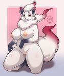  5:6 anthro anthrofied big_breasts breasts canid canine cute_expression cute_eyes digital_media_(artwork) female fur genitals hair hi_res hisuian_zorua kneeling looking_at_viewer mammal multicolored_body multicolored_fur neck_tuft nintendo nipples nude pok&eacute;mon pok&eacute;mon_(species) pok&eacute;morph pokemon_legends_arceus pose pussy red_body red_fur regional_form_(pok&eacute;mon) shaded simple_background slightly_chubby solo suger_phox tail_tuft tuft video_games white_body white_fur yellow_eyes 