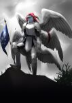  animal_humanoid armor armored_boots armored_gloves belt feathered_wings feathers female fish fish_humanoid flag heterochromia hi_res humanoid looking_at_viewer marine marine_humanoid on_rock sky solo standing torotale undertale undertale_(series) undyne video_games wings 
