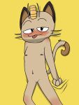  3:4 anthro blush brown_body brown_ears brown_fur brown_tail dacoffeeaxolotl featureless_crotch fur male meowth nintendo nipples nude pink_tongue pok&eacute;mon pok&eacute;mon_(species) simple_background solo tongue tongue_out video_games whiskers yellow_background 