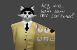  absurd_res anthro black_hair clothing coat digital_media_(artwork) domestic_cat english_text eyewear felid feline felis fur grey_body grey_fur hair hi_res humor male mammal necktie software solo sunglasses text topwear trenchcoat varik&#039;s_unnamed_character varik_valefor 