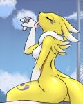  4:5 anthro bandai_namco breasts butt digimon digimon_(species) eyes_closed featureless_breasts female fur furball_(artist) gloves_(marking) hi_res licking markings nude renamon self_lick sitting solo tongue tongue_out yellow_body yellow_fur 