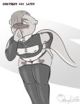  2021 clothing girly hi_res inktober kinktober legwear lipstick lutrine makeup mammal moblie moblie_(character) monochrome mustelid rubber rubber_clothing rubber_suit thigh_highs 
