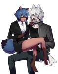  anthro barefoot brand_new_animal business_suit clothing collar dominant dominant_female duo feet female hair hi_res human kukuyo_love leather male male/female mammal michiru_kagemori muzzle_(object) on_lap open_mouth petplay roleplay shirou_ogami shocked sitting_on_lap studio_trigger suit white_hair 