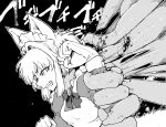  animal_humanoid blood bodily_fluids bow_tie breasts canid canid_humanoid canine canine_humanoid clenched_teeth clothed clothing female fist gloves gore greyscale handwear hi_res humanoid inner_ear_fluff japanese_text maid_headdress maid_uniform mammal mammal_humanoid monochrome sakifox solo sound_effects teeth tentacle_around_arm tentacles text tuft uniform wolf_humanoid wolf_maid 