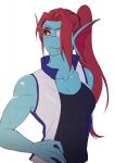  animal_humanoid athletic bangs black_clothing black_shirt black_topwear breasts cleavage clothed clothing eye_patch eyewear female fin fish fish_humanoid hair hi_res humanoid jacket marine marine_humanoid muscular muscular_female red_hair shirt simple_background smile solo topwear torotale undertale_(series) undyne white_background 