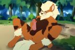  anthro anthrofied anus arcanine balls canid canine emarcanine erection essien eyewear forest forest_background genitals glasses green_eyes hi_res humanoid_genitalia humanoid_penis male mammal nature nature_background nintendo nude on_ground outside penis plant pok&eacute;mon pok&eacute;mon_(species) pok&eacute;morph sitting solo teasing tree video_games 