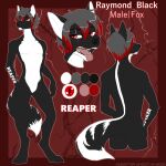  1:1 2021 anthro black_body black_fur black_nose canid canine digital_media_(artwork) english_text eyebrows eyelashes fox fur grey_hair hair hi_res male mammal model_sheet monstercheetah open_mouth red_eyes solo teeth text tongue white_body white_fur 