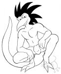  anthro asian_clothing black_and_white bob_vorsh_(jack) bulge clothed clothing crouching dinosaur east_asian_clothing fundoshi hi_res jack_(webcomic) japanese_clothing male monochrome partially_clothed reptile scalie simple_background smile smiling_at_viewer solo thirstspace underwear 