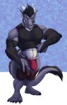  2021 5_fingers 5_toes absurd_res anthro armwear belly big_abs big_biceps big_bulge big_calves big_quads big_triceps black_armwear black_body black_bottomwear black_claws black_clothing black_fur black_jockstrap black_pseudo_hair black_spikes black_tail black_underwear blue_background blue_eyes bottomwear bristol brown_bottomwear brown_clothing brown_shorts bulge claws closed_smile clothed clothing colored daeon_(thespicyminty) digital_drawing_(artwork) digital_media_(artwork) dragon ear_piercing ear_ring facial_piercing facial_spikes feet fingers front_view full-length_portrait fur gold_(metal) gold_jewelry gold_ring grey_arms grey_body grey_ears grey_face grey_fingers grey_hands grey_inner_ear grey_neck grey_scales grey_tail hi_res horn huge_deltoids huge_pecs humanoid_hands jewelry looking_at_viewer male manly multicolored_body multicolored_bottomwear multicolored_clothing multicolored_jockstrap multicolored_scales multicolored_underwear muscular muscular_anthro muscular_male navel nose_piercing nose_ring partially_clothed piercing plantigrade portrait pseudo_hair red_bottomwear red_clothing red_jockstrap red_underwear scales scalie shaded shorts shorts_down simple_background skimpy smile smiling_at_viewer spikes spikes_(anatomy) standing tight_clothing toes toony two_tone_body two_tone_neck two_tone_scales two_tone_tail underwear undressing white_background white_belly white_body white_bottomwear white_chest white_clothing white_horn white_jockstrap white_neck white_scales white_underwear 