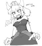  2019 2_horns :d alternate_species bowser bowsette_meme breasts breath_powers clothed clothing collar crossgender crown dress elemental_manipulation female fire fire_breathing fire_manipulation greyscale hair horn horned_humanoid humanoid humanoidized mario_bros meme monochrome nintendo open_mouth ponytail sakifox shell signature sleeveless_dress smile solo spiked_shell spikes spikes_(anatomy) studded_bracelet studded_collar super_crown teeth video_games 