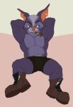  2021 absurd_res anthro arm_scar belly big_biceps big_calves big_muscles big_nose big_pecs big_quads black_bottomwear black_clothing black_shorts blue_arms blue_belly blue_body blue_chest blue_ears blue_face blue_fur blue_legs boots bottomwear bristol brown_boots brown_clothing brown_footwear bulge chest_scar chua cigar cigar_in_mouth clothed clothed_anthro clothed_male clothing colored digital_drawing_(artwork) digital_media_(artwork) eyebrows flat_colors footwear front_view full-length_portrait fur grey_eyebrows grey_eyes grey_pupils half-closed_eyes hands_behind_head hi_res leg_scar looking_aside looking_away male male_anthro mammal manly musclegut muscular muscular_anthro muscular_male narrowed_eyes open_mouth open_smile orange_inner_ear pecs pink_nose portrait pupils scar short_anthro short_male shorts simple_background sitting smile socks solo tan_background toony topless topless_anthro topless_male underwear white_clothing white_footwear white_socks white_underwear wildstar yellow_background 