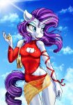  absurd_res anthro anthrofied blue_eyes blue_eyeshadow breasts cleavage clothed clothing cloud equid equine eyeshadow female flowing_hair friendship_is_magic hair handbag hasbro hi_res horn long_hair makeup mammal mouse_toy my_little_pony outside purple_hair purse rarity_(mlp) solo stainedglasslh sun swimwear unicorn 
