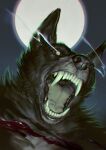  2021 alsares black_body black_fur black_lips blood bodily_fluids canid canine digital_media_(artwork) fangs full_moon fur green_eyes hi_res lips mammal moon night open_mouth outside sky solo teeth tongue were werecanid werecanine werewolf 