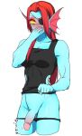  &lt;3 animal_humanoid blue_body blue_skin blush breasts cleavage clothed clothing eye_patch eyewear fin fish fish_humanoid genitals gynomorph hair hi_res humanoid intersex japanese_text marine marine_humanoid muscular panties panties_down partially_clothed penis red_hair shirt solo tank_top text topwear torotale undertale undertale_(series) underwear underwear_down undyne video_games yellow_sclera 