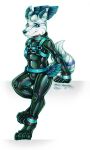  anthro blue_body blue_fur bulge canid canine catsuit_(disambiguation) clothing collar eyeliner fur green_eyes harlotmonster harness makeup mammal rubber rubber_clothing rubber_suit smile tight_clothing wings 