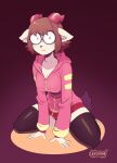  2_horns anthro artist_name black_clothing black_legwear black_panties black_thigh_highs black_underwear bovid breasts brown_hair canid canine canis caprine clothing collarbone domestic_dog eyewear female fur glasses goat goatdog hair horn hybrid legwear looking_at_viewer mammal no_pants panties pawsmasher pink_clothing pink_sweater pink_topwear sitting solo sweater tan_body tan_fur thigh_highs topwear underwear 