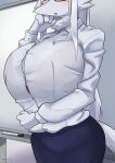  anthro big_breasts breasts canid canine clothed clothing female fur hi_res huge_breasts kemono mammal shirt solo teramegagiga topwear white_body white_fur 
