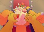 2021 4_fingers ambiguous_gender ambiguous_pov anthro argon_vile balls bowser bracelet chair claws duo erection eyebrows fingers first_person_view foreskin furniture genitals glans hi_res holding_leash holding_object jewelry koopa leash leashed_pov looking_at_viewer low-angle_view male mario_bros nintendo penis presenting presenting_penis pubes scalie sitting spiked_bracelet spikes spread_legs spreading submissive submissive_pov thick_eyebrows throne video_games 