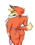  2021 animal_crossing anthro apron apron_only audie_(animal_crossing) butt butt_focus canid canine canis clothing female fox fur humanoid looking_at_viewer looking_back mammal mostly_nude nintendo nitsludge_(artist) orange_body orange_fur pink_apron rear_view solo video_games wolf 
