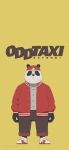  2021 absurd_res anthro biped black_body black_nose bottomwear clothing fukumoto_(odd_taxi) giant_panda hat headgear headwear hi_res humanoid_hands japanese_text male mammal mugicaan1 odd_taxi official_art pants shirt simple_background solo text topwear ursid white_body yellow_background 