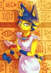  2021 absurd_res animal_crossing ankha_(animal_crossing) anthro blue_body blue_fur blue_hair blue_nose book clothed clothing detailed_background domestic_cat dress egyptian egyptian_mythology eyelashes eyeshadow fangs felid feline felis female frown fully_clothed fur green_eyes hair half-closed_eyes hi_res hieroglyphics highlights_(coloring) holding_book holding_object looking_at_viewer makeup mammal markings middle_eastern_mythology mythology narrowed_eyes nintendo short_hair smirkyfangz solo standing striped_markings striped_tail stripes tail_markings video_games whiskers wristband yellow_body yellow_fur 