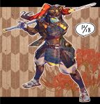  animal_humanoid armor blue_body blue_skin clothing eye_patch eyewear female fin fish fish_humanoid footwear hair hi_res humanoid marine marine_humanoid melee_weapon polearm pugthe2ro red_hair samurai samurai_armor sandals solo undertale undertale_(series) undyne video_games warrior weapon yellow_sclera 