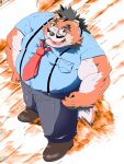  2020 3:4 anthro belly bottomwear canid canine canis clothing domestic_dog eyewear glasses hi_res humanoid_hands kemono male mammal mature_male necktie overweight overweight_male pants shirt solo suspenders tatsu_mob topwear 