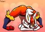  3_toes anthro ass_up breasts buckteeth butt cinderace feet female fur jack-o&#039;_pose nintendo pok&eacute;mon pok&eacute;mon_(species) pose protagon solo teeth toes video_games white_body white_fur 