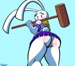  anthro big_butt bottomwear butt clothed clothing female frau_(peach_boy_riverside) hi_res lagomorph leporid low-angle_view mammal no_underwear peach_boy_riverside protagon rabbit skirt solo white_body 